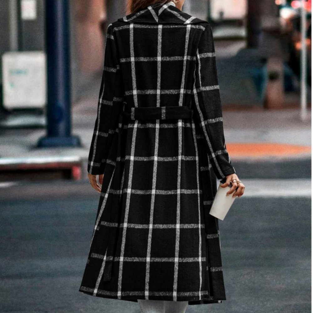black and white plaid print belted trench coat fall winter chic classy - Picture 3 of 4